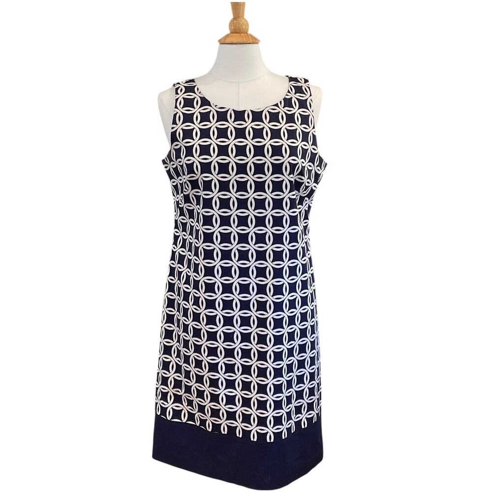 Jessica Howard Navy, White Allover Pattern Sleeveless Shift Dress, Mod Retro 14